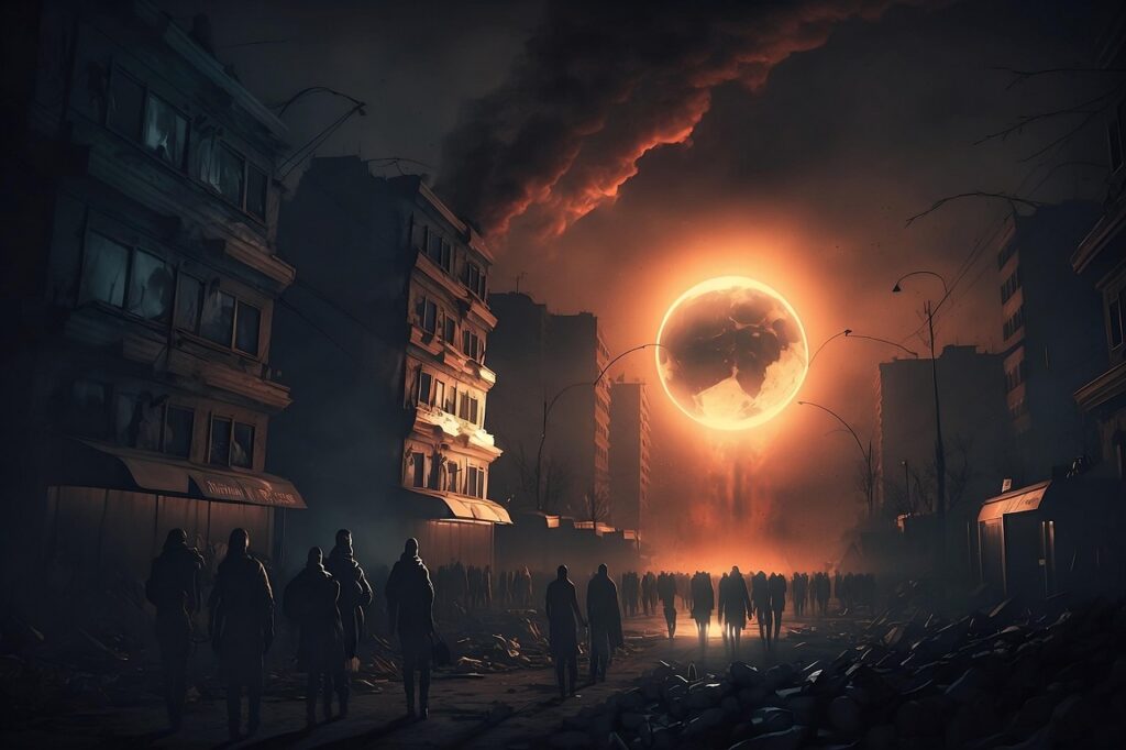 ai generated, earthquake, explosion, collapse, apocalypse, apocalyptic, armageddon, judgment day, end of the world, burning, falling moon, catastrophe, earthquake, earthquake, earthquake, earthquake, earthquake