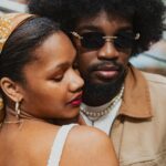 Close-up portrait of a stylish couple embracing on the streets of Budapest, Hungary.