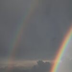 A stunning double rainbow arches over a vibrant green landscape under a cloudy sky.