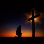 cross, sunset, humility, devotion, nature, silhouette, human, kneeling, knee, pray, worships, prayer, faith, religion, church, symbol, clouds, heaven, christian, crucifixion, quiet, immersion, jesus christ, meditation, jesus, christ, christianity, black, figure